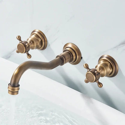 Antique brass decorbites™ retro color wall mounted bathroom faucet with dual cross handles and curved spout
