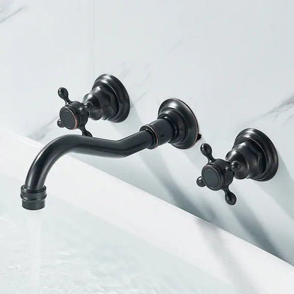 DecorBites™ retro color wall mounted bathroom faucet with dual handles and black matte curved spout in metal finish