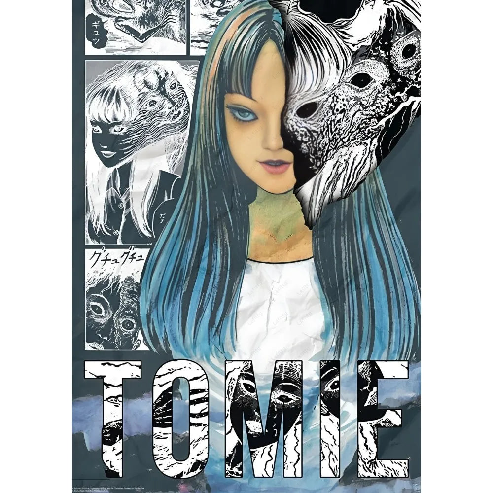 Stylized retro cool girl poster featuring a woman with long blue hair and manga-style face design for home decor