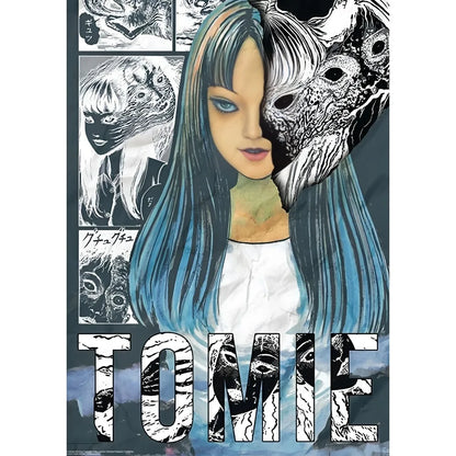 Stylized retro cool girl poster featuring a woman with long blue hair and manga-style face design for home decor