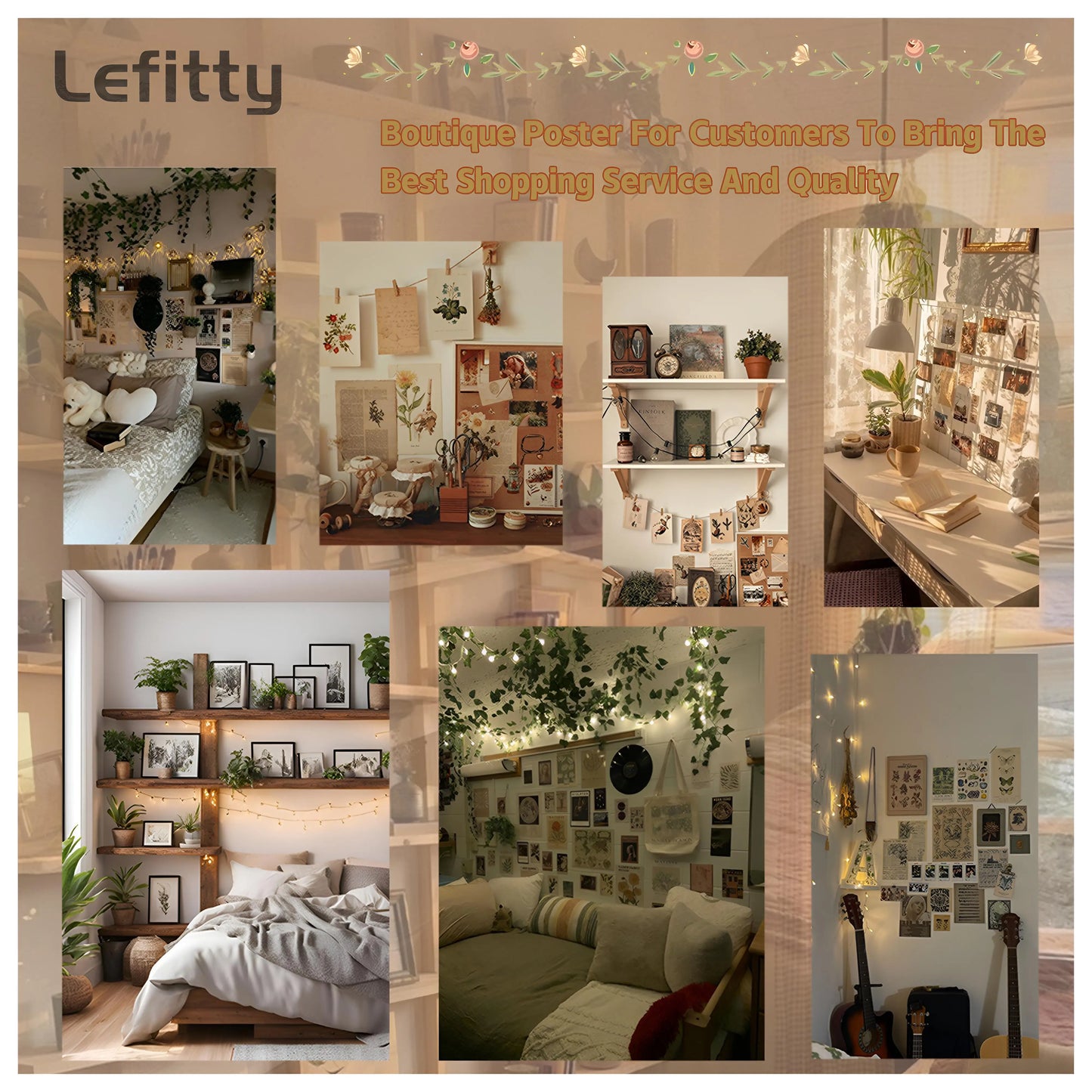 Boutique poster DecorBites™ retro cool girl featuring cozy plant-filled bedroom and living space with string lights
