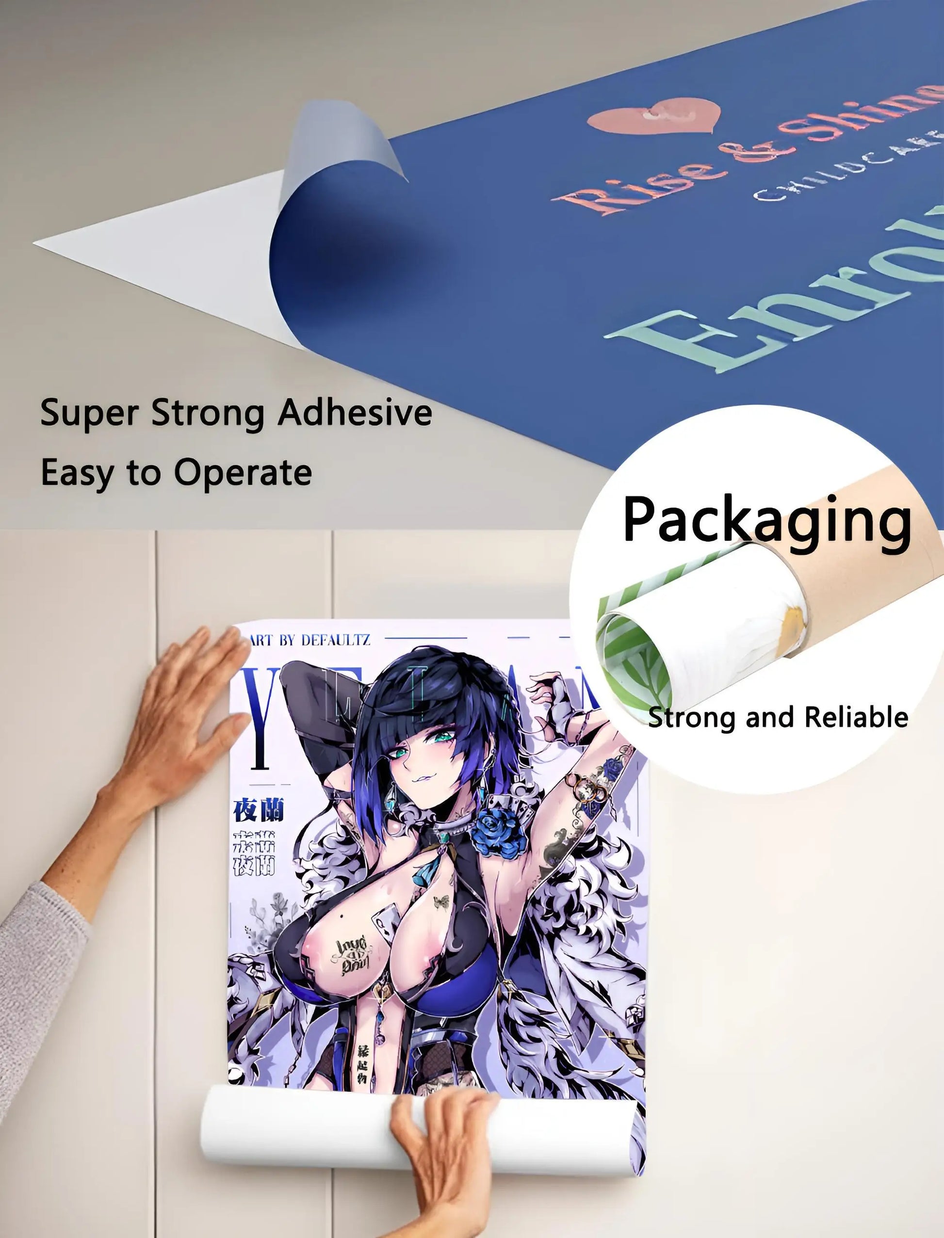 A vibrant decorbites retro cool girl poster featuring a cool girl with long dark blue hair and tattoos on glossy paper
