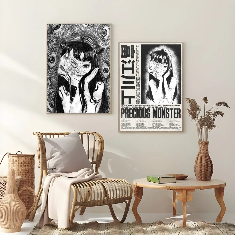 Black and white anime-style retro cool girl poster featuring a girl with multiple eyes titled precious monster for home decor