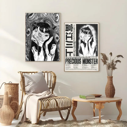 Black and white anime-style retro cool girl poster featuring a girl with multiple eyes titled precious monster for home decor
