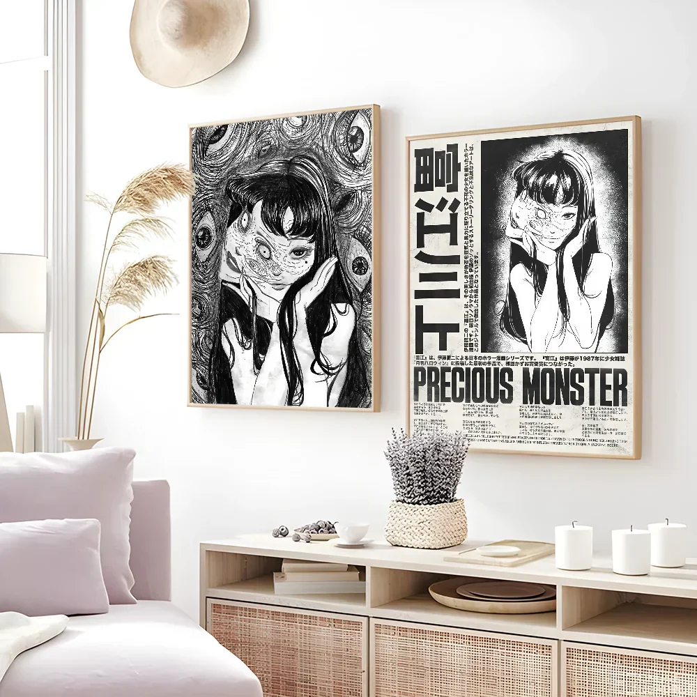 Two framed black-and-white decorbites™ retro cool girl art prints featuring anime-style portraits and japanese text on white wall