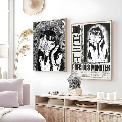 Two framed black-and-white decorbites™ retro cool girl art prints featuring anime-style portraits and japanese text on white wall