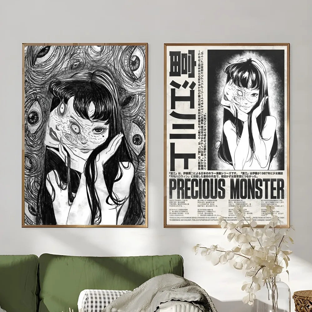Two framed black-and-white retro cool girl anime posters with intricate eye designs and bold japanese text for home decor