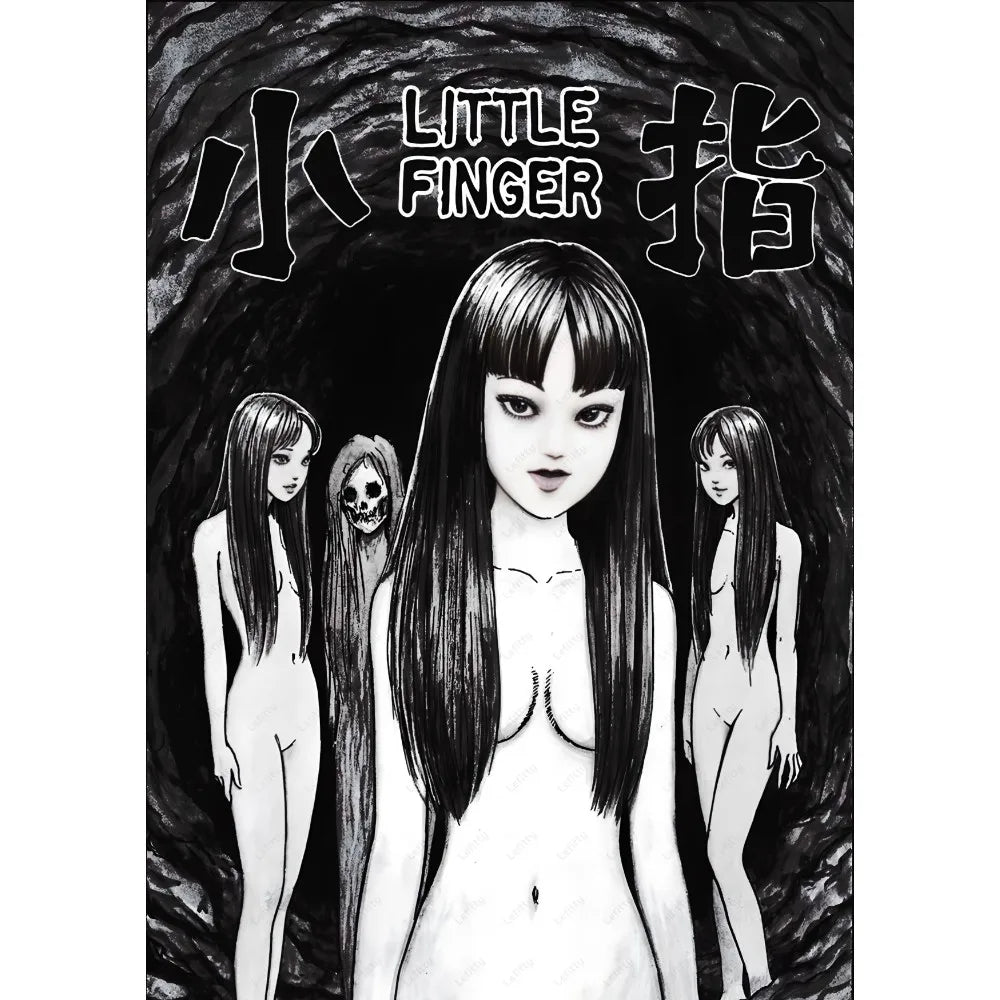 Black-and-white manga cover art featuring a retro cool girl with long hair flanked by nude and skeletal figures for home decor