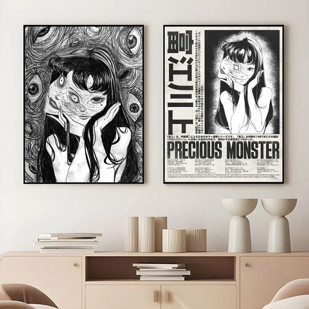 Two black and white framed retro cool girl anime style posters featuring intricate eye patterns and bold text for home decor
