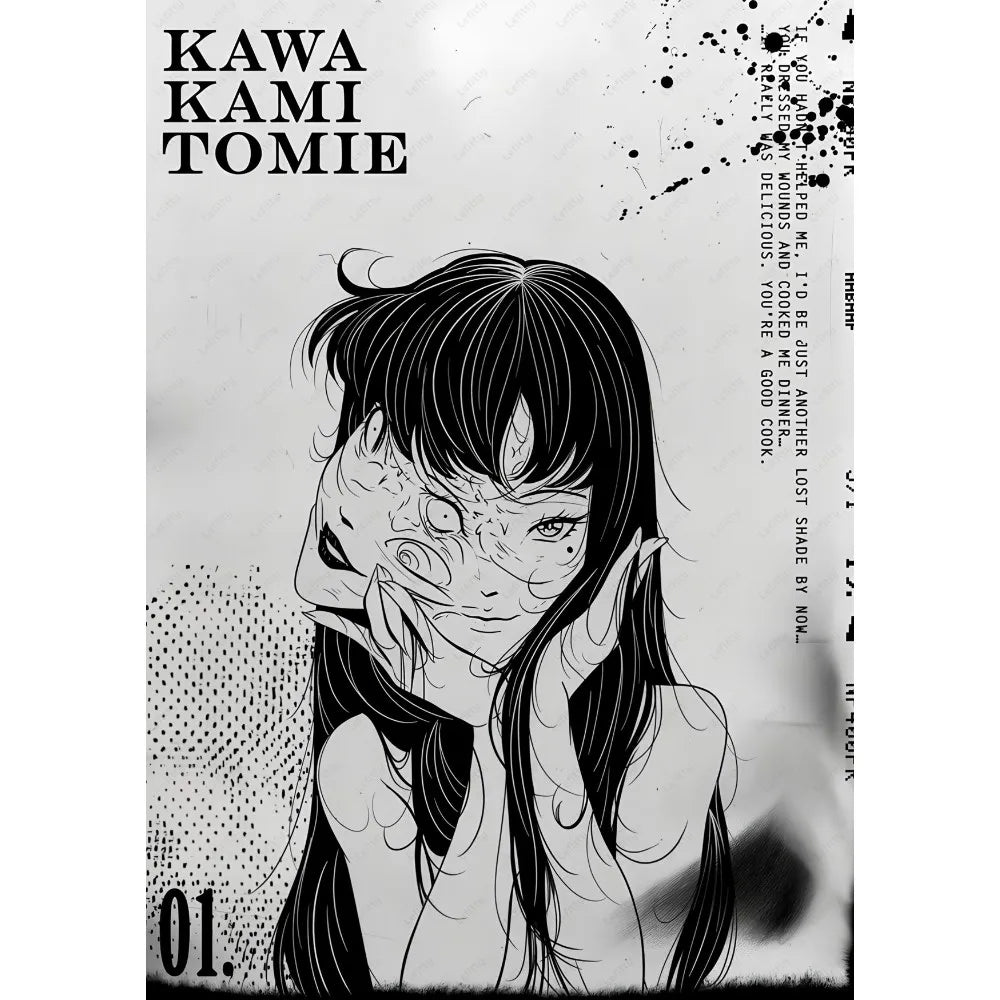 Black-and-white manga cover of a retro cool girl with long hair and facial markings for decorbites™ poster decor