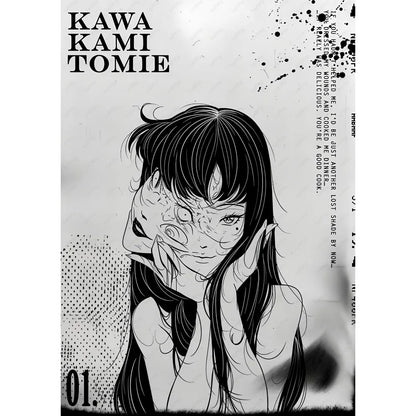 Black-and-white manga cover of a retro cool girl with long hair and facial markings for decorbites™ poster decor
