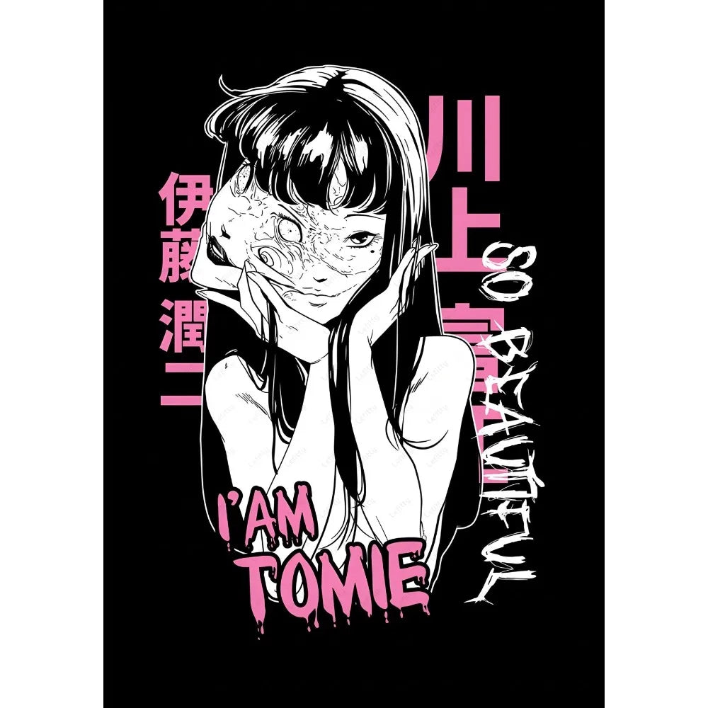 Black and pink graphic tee featuring a stylized anime tomie illustration with grotesque skin for retro cool girl style