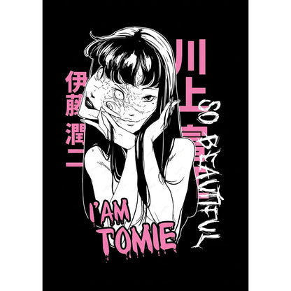 Black and pink graphic tee featuring a stylized anime tomie illustration with grotesque skin for retro cool girl style