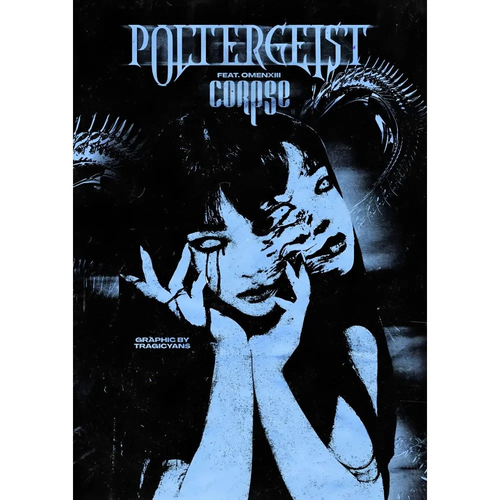 Blue and black graphic album cover with stylized woman with horns for decorBites™ retro cool girl poster