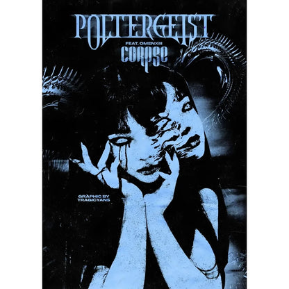 Blue and black graphic album cover with stylized woman with horns for decorBites™ retro cool girl poster