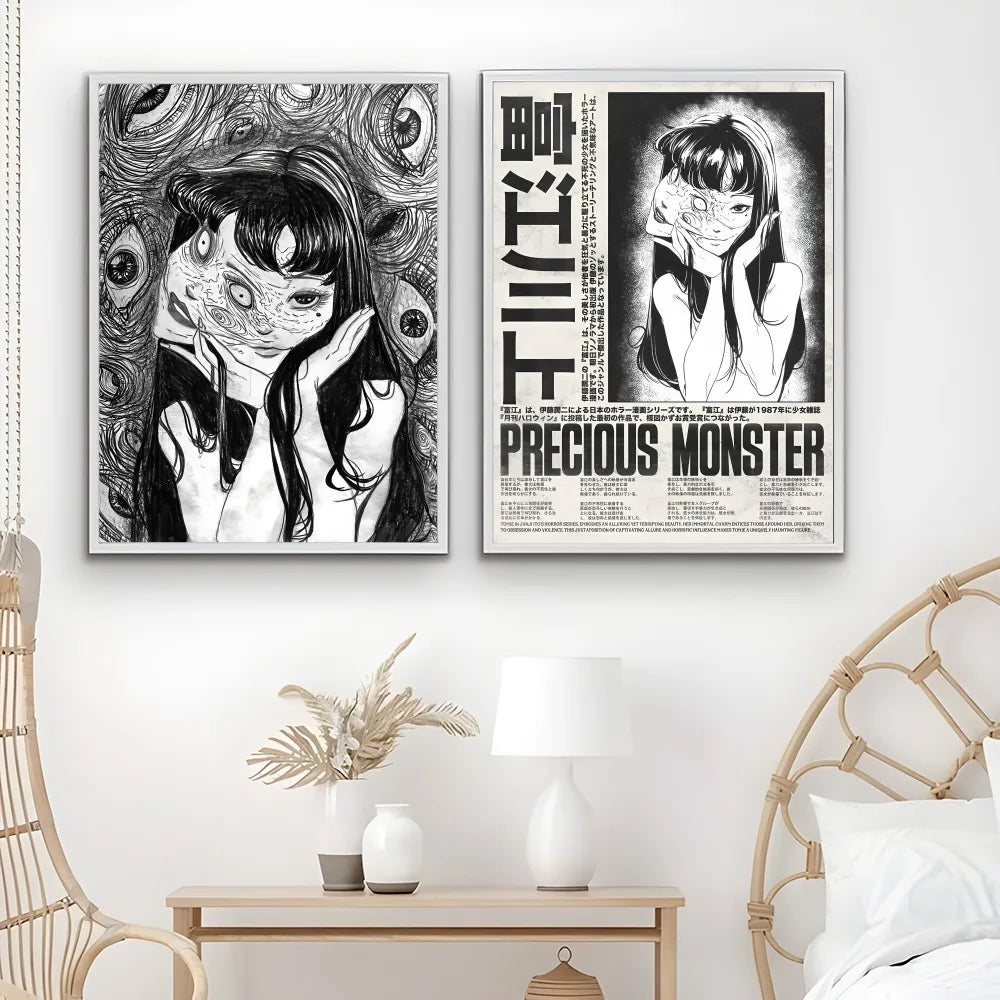 Two framed black and white posters featuring a retro cool girl anime art and bold japanese text for home decor