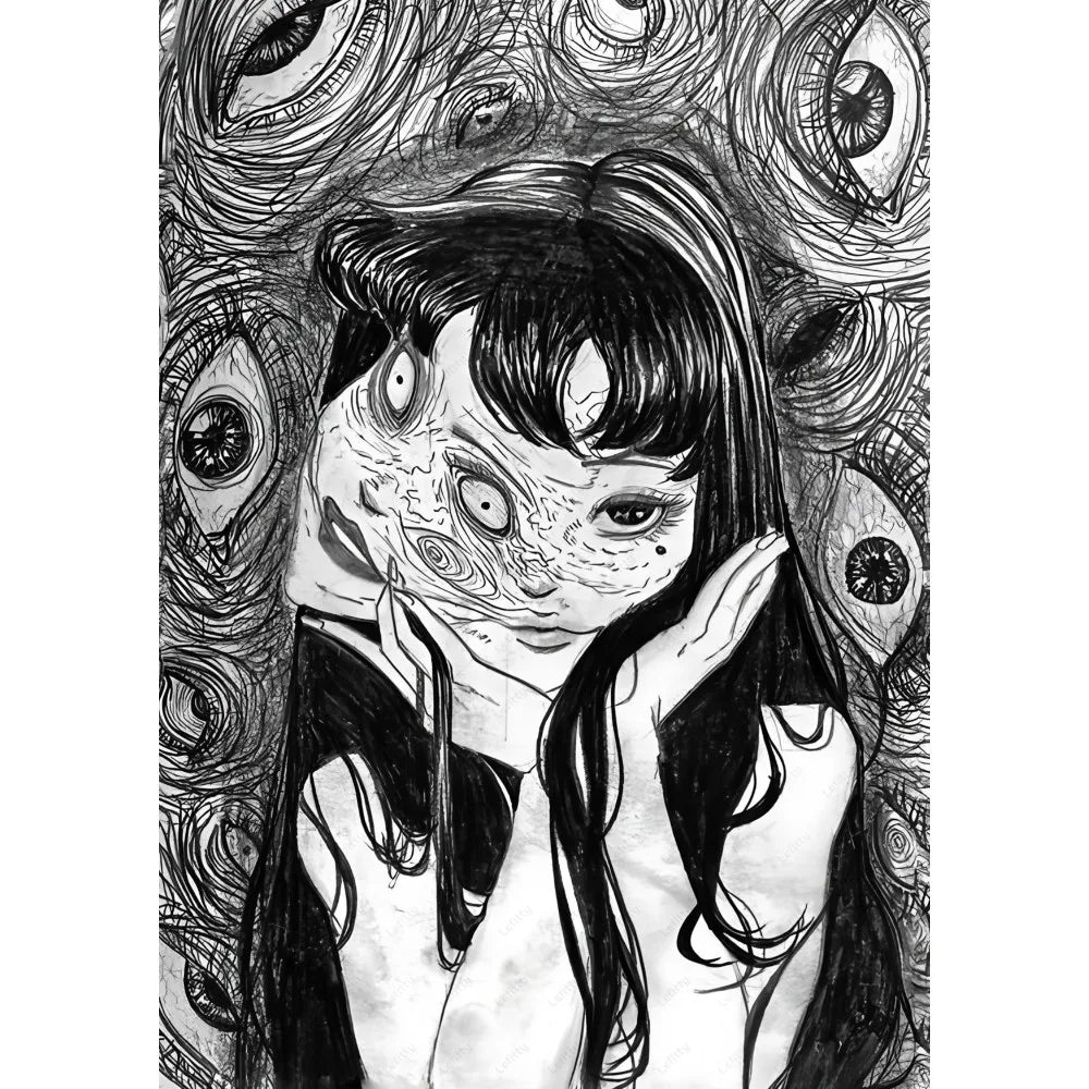Black-and-white ink drawing poster of a retro cool girl with long dark hair and multiple swirling eyes for home decor