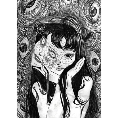 Black-and-white ink drawing poster of a retro cool girl with long dark hair and multiple swirling eyes for home decor