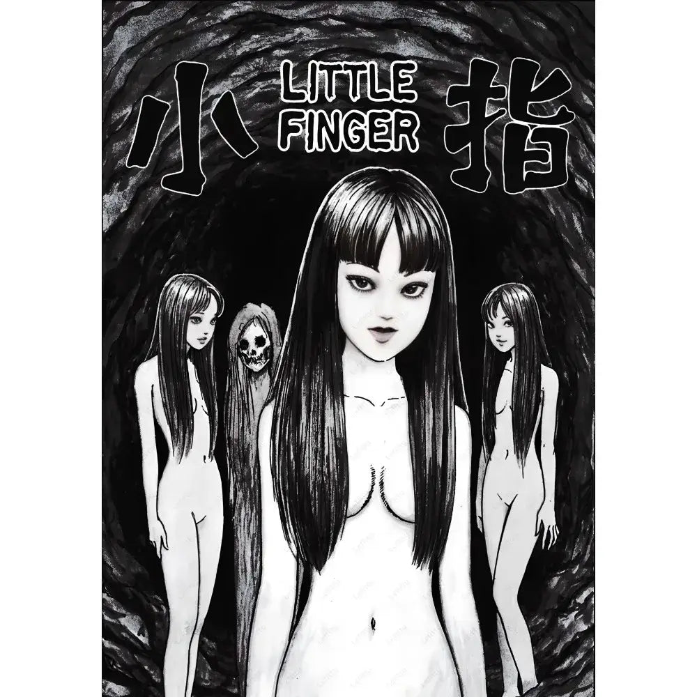 Black-and-white manga cover art featuring a retro cool girl with long hair flanked by nude and skeletal figures for home decor