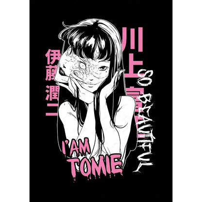 Black and pink graphic tee featuring a stylized anime tomie illustration with grotesque skin for retro cool girl style