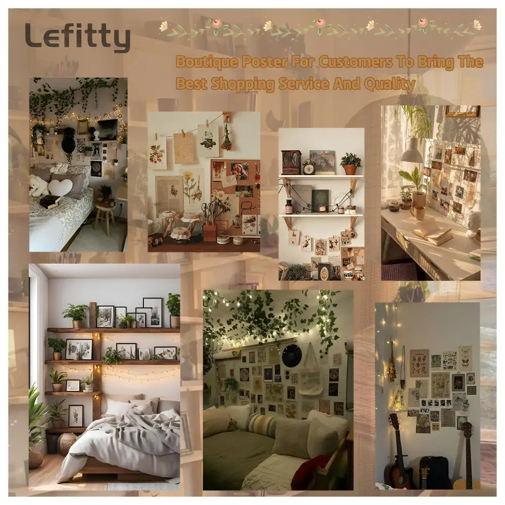 Boutique poster DecorBites™ retro cool girl featuring cozy plant-filled bedroom and living space with string lights