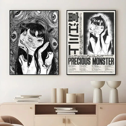 Two black and white framed retro cool girl anime style posters featuring intricate eye patterns and bold text for home decor