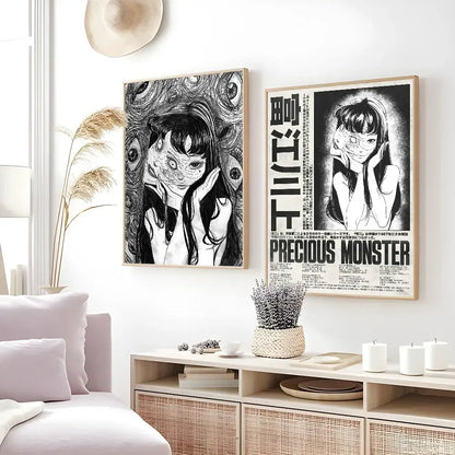 Two framed black-and-white decorbites™ retro cool girl art prints featuring anime-style portraits and japanese text on white wall