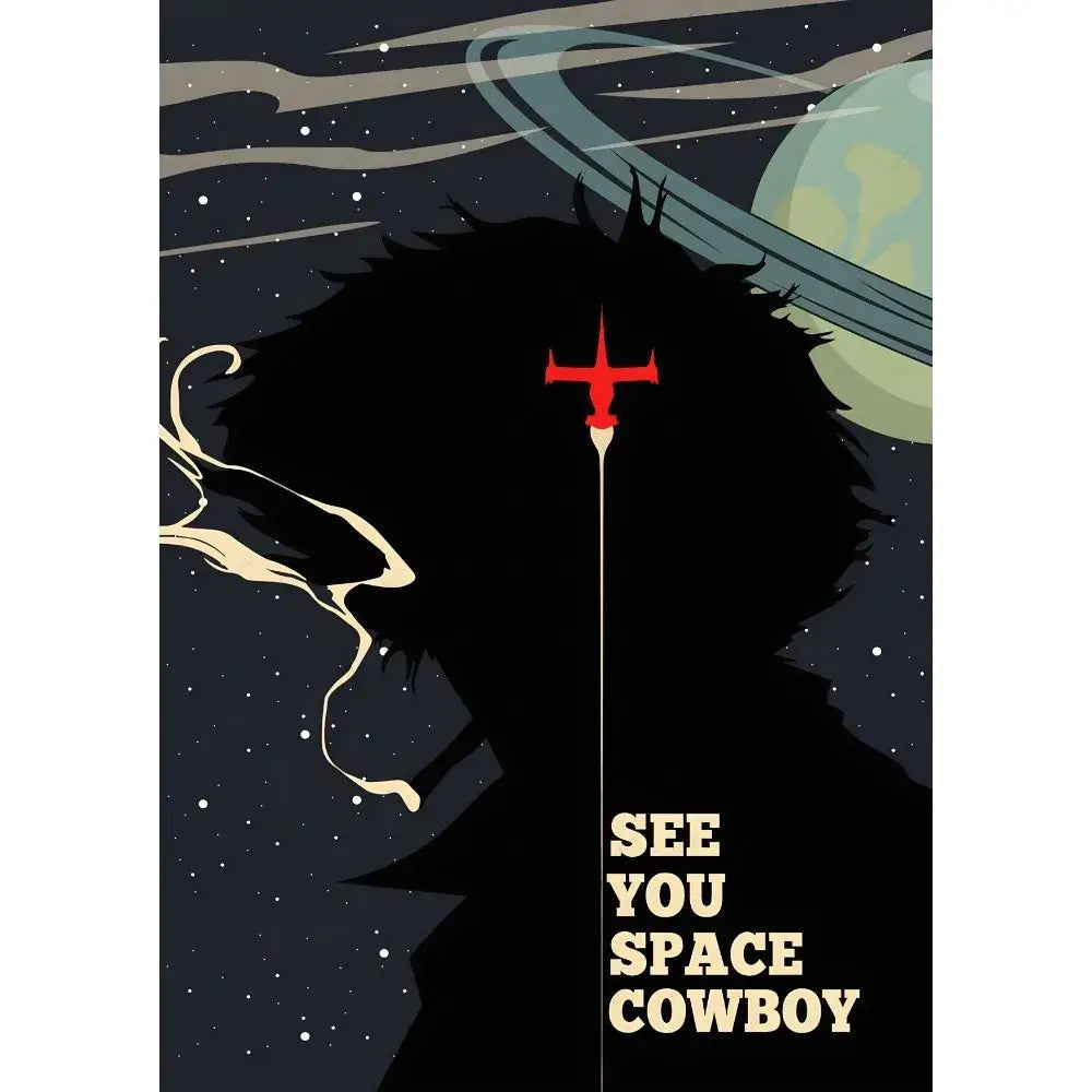 Black silhouette poster with red star emblem on head against cosmic backdrop for retro cowboy bebop anime decor
