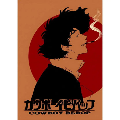 Decorbites™ retro cowboy bebop anime poster featuring black-haired character smoking against red circular backdrop