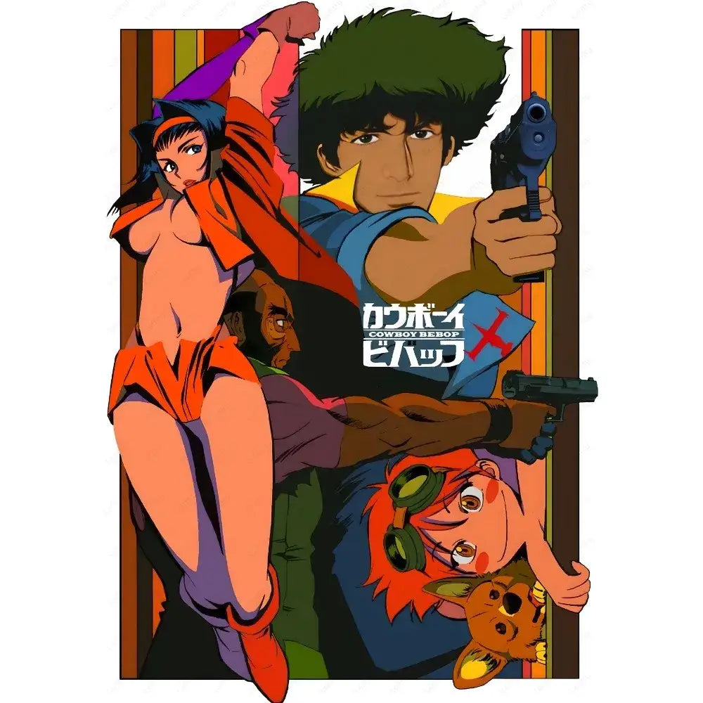 Decorbites™ retro cowboy bebop anime poster featuring blue and yellow armored cowboy with pistol for home decor