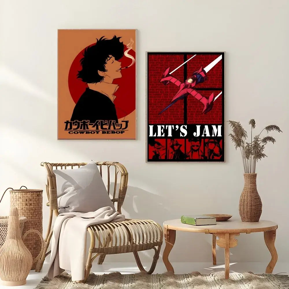 Two framed retro cowboy bebop anime posters with orange and red backgrounds for home decor by decorbites