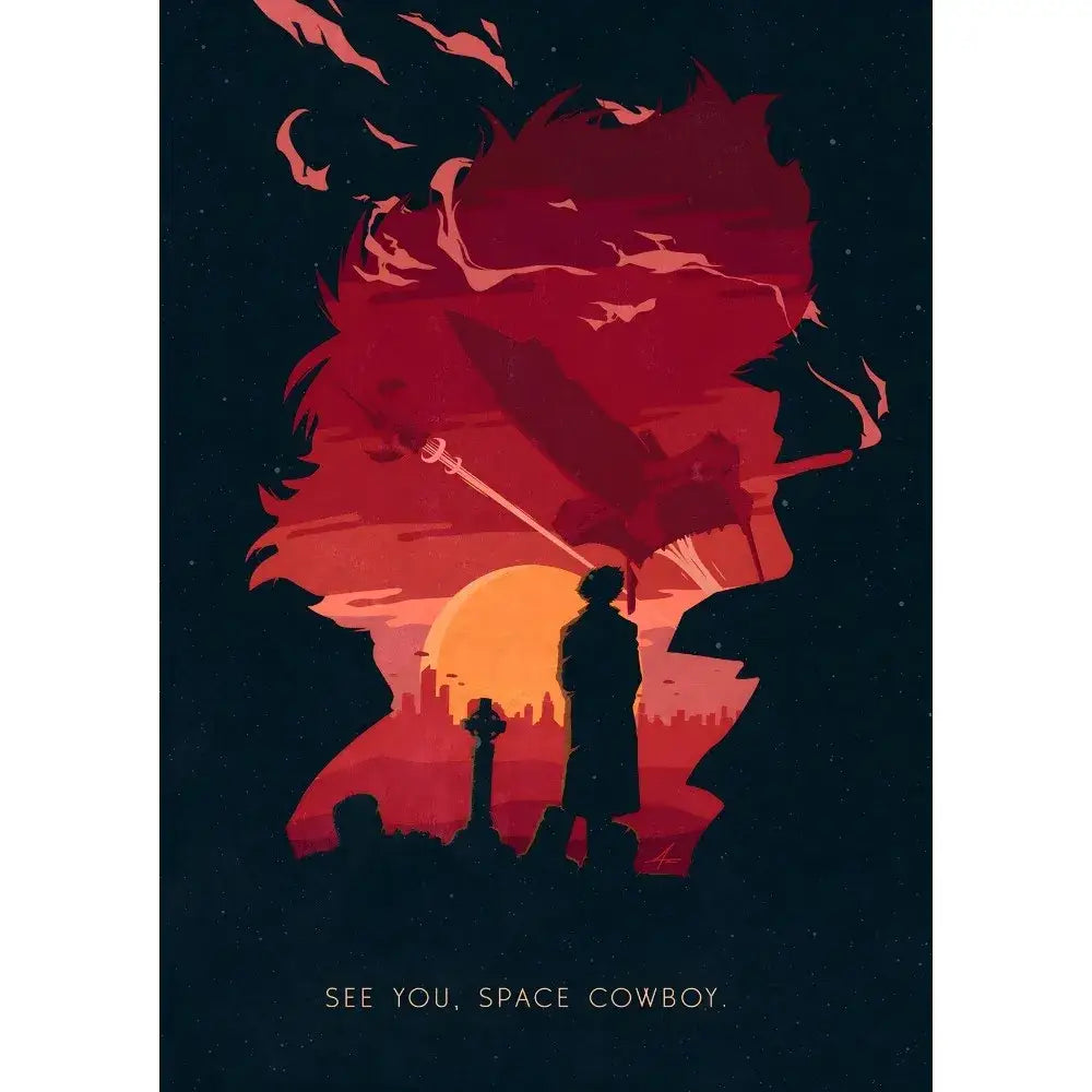 Decorbites retro cowboy bebop anime poster featuring a silhouette against fiery sunset with see you space cowboy text