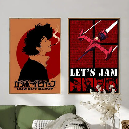 Two framed retro cowboy bebop anime posters featuring a black silhouette and a red mecha design for home decor