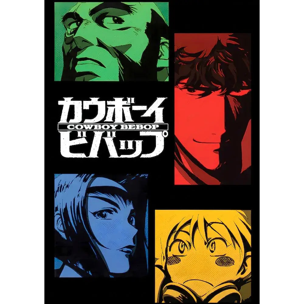DecorBites™ retro cowboy bebop anime poster featuring four bold green red blue and yellow character portraits for home decor
