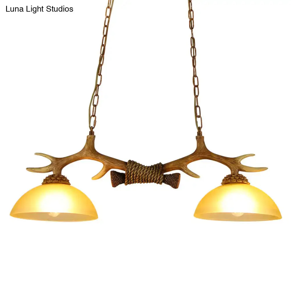 DecorBites™ retro dome pendant light set with beige glass shades and decorative deer horn detail with brass chains