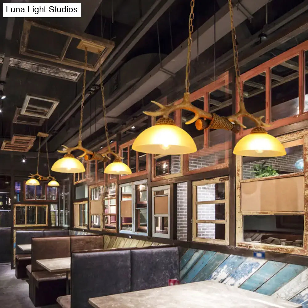 Decorbites retro dome pendant light set of 2 with beige glass shades and decorative deer horn design in brass chains