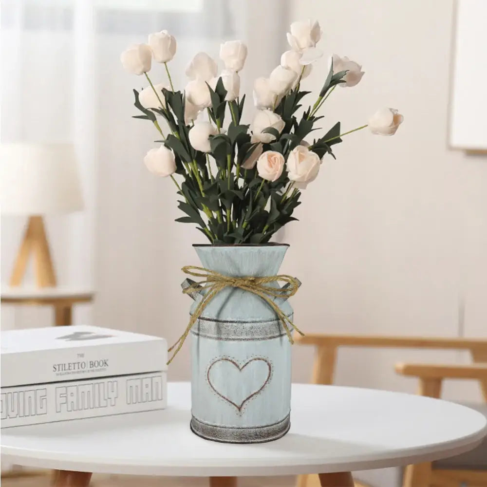 DecorBites™ retro floral light blue distressed metal vase holder with heart design and artificial tulips for weddings