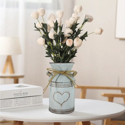 DecorBites™ retro floral light blue distressed metal vase holder with heart design and artificial tulips for weddings