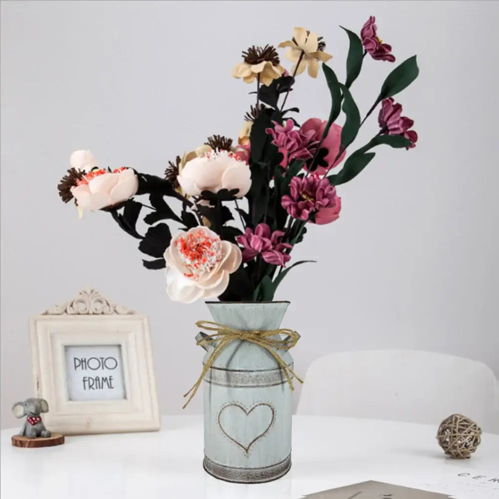 DecorBites™ retro floral light blue distressed metal vase holder with heart design and gold ribbon for wedding garden style