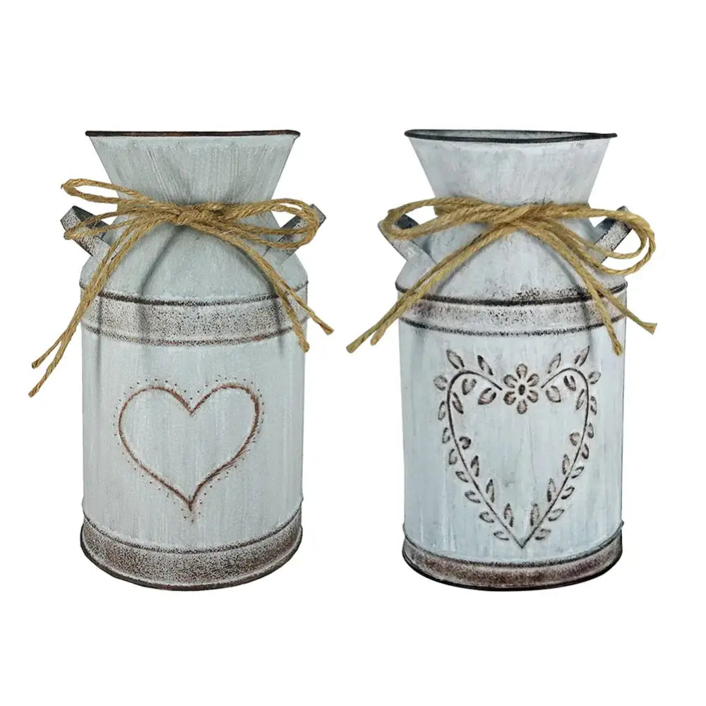 Decorbites™ retro floral white rustic metal vase holder with heart design and twine tied for wedding garden style