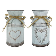 Decorbites™ retro floral white rustic metal vase holder with heart design and twine tied for wedding garden style