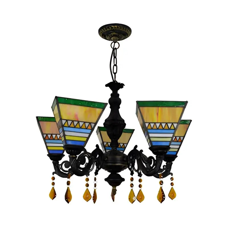 DecorBites™ retro geometric stained glass chandelier with yellow blue panels and amber crystal pendants for bedroom lighting