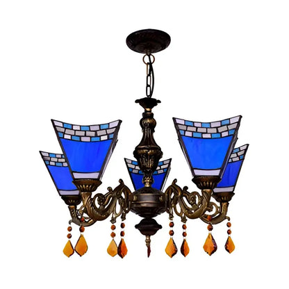 Decorbites™ retro geometric stained glass chandelier with amber teardrop pendants in yellow blue for bedroom lighting
