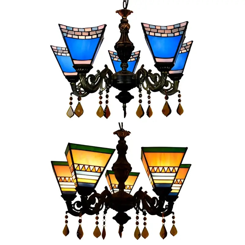 Decorbites retro geometric stained glass chandelier with yellow blue and amber green shades and crystal pendants