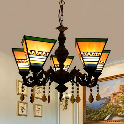 DecorBites vintage-style chandelier with five stained glass yellow blue shades and crystal pendants in dark bronze frame