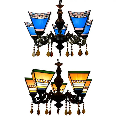 Decorbites retro geometric stained glass chandelier with yellow blue shades and crystal pendants for bedroom lighting