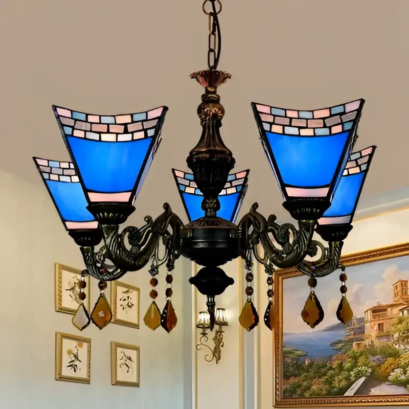 DecorBites retro geometric stained glass chandelier with yellow blue glass and amber crystal pendants for bedroom