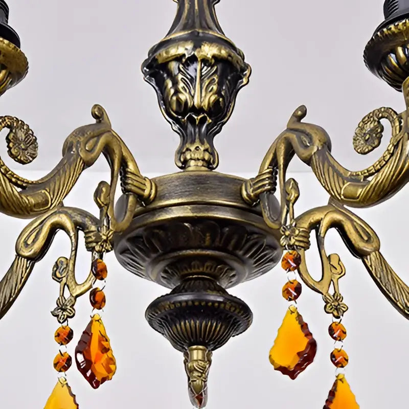 Decorbites retro geometric stained glass chandelier with yellow blue stained glass and amber crystal pendants for bedroom