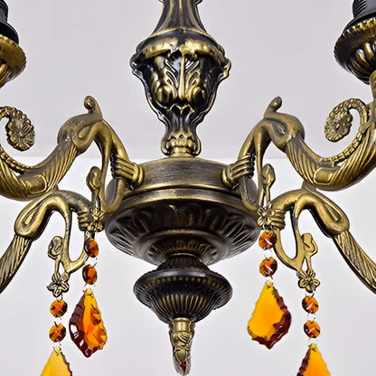 Decorbites™ retro geometric stained glass chandelier with yellow blue amber crystal pendants and ornate brass scrollwork