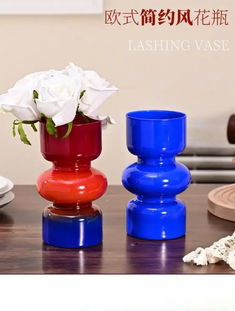 Decorbites™ retro glass vase set features red and blue stacked glass vases with a modern minimalist design for flower arrangements